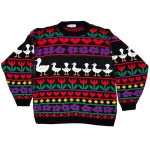 VTG 80s 90s Goose Duck Floral Cottagecore Sweater Womens Medium Black Red Purple